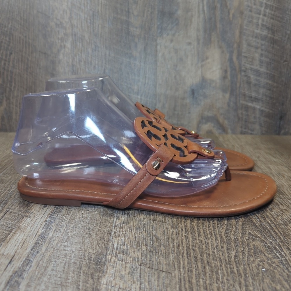Tory Burch Miller Sandals Vintage Vachetta Tan Leather Medallion Logo Size 9 - Picture 2 of 14